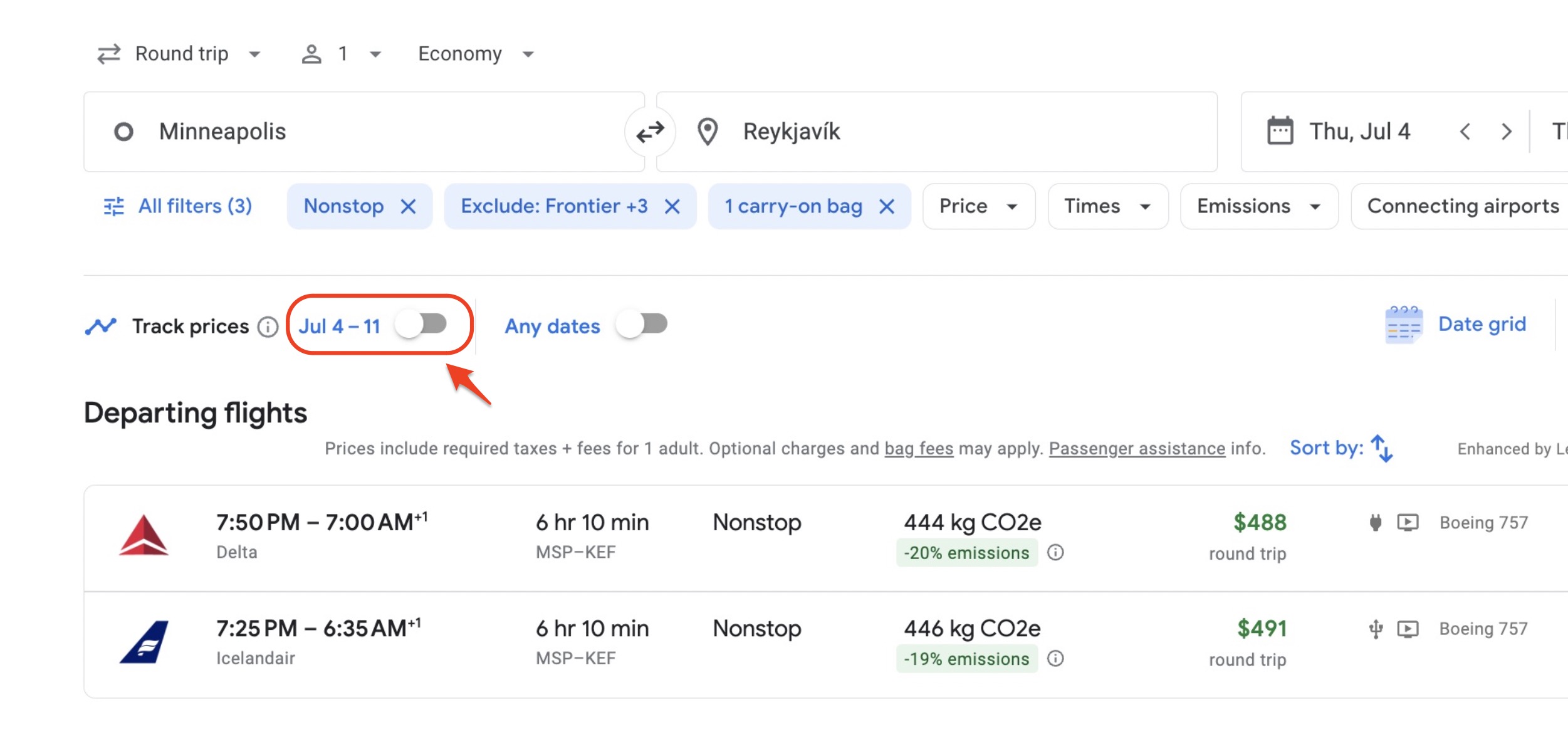 A google flights search of minneapolis to reykjavik flights with the Google Flights price alert tracker button highlighted in the top left of the image. 